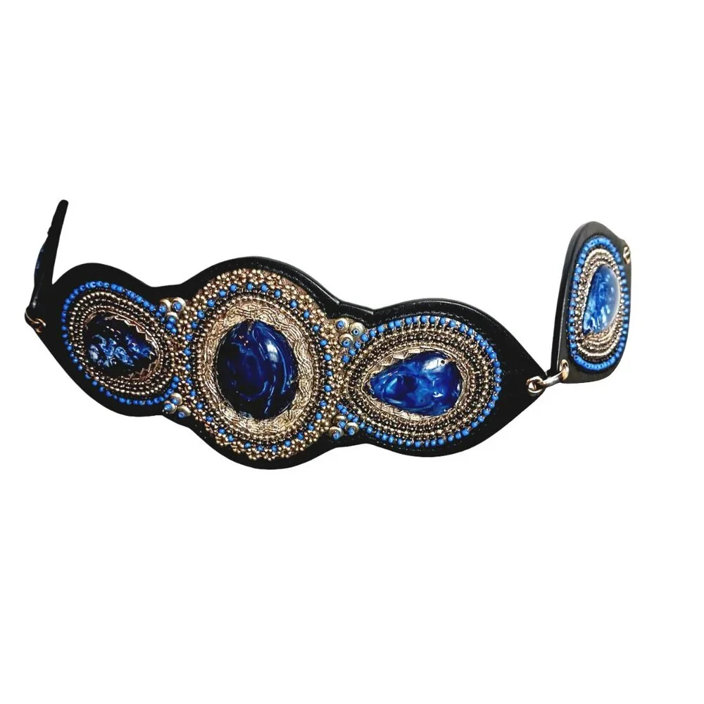 NWT Chico's Blue Faux Stone Silver Chain Link Statement Belt, M/L, Boho, Western